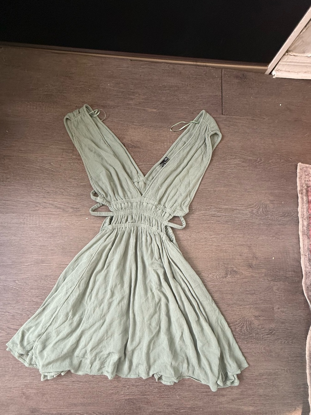 Windsor Sage Green V‑Neck Smocked Mini Dress
